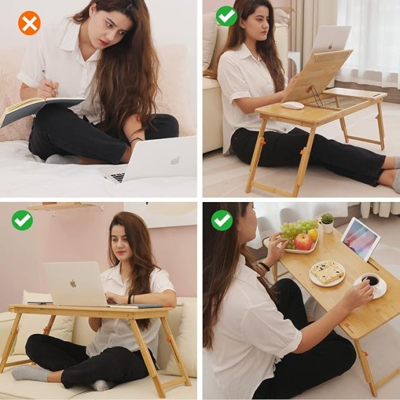 Laptop Desk for Bed,  Bamboo Lap Desk with Tablet Slot Adjustable Height Angle Foldable Storage Drawer Portable Tray Table Stand for Netebook Computer Breakfast Work Study Reading Writing Large