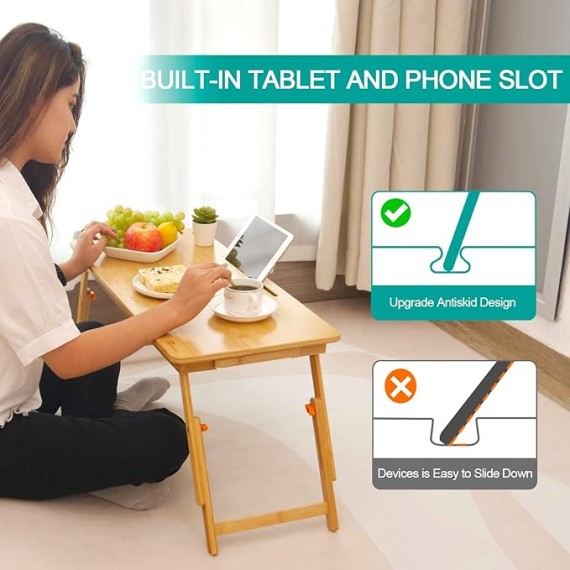 Laptop Desk for Bed,  Bamboo Lap Desk with Tablet Slot Adjustable Height Angle Foldable Storage Drawer Portable Tray Table Stand for Netebook Computer Breakfast Work Study Reading Writing Large