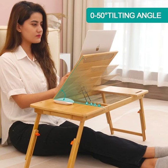 Laptop Desk for Bed,  Bamboo Lap Desk with Tablet Slot Adjustable Height Angle Foldable Storage Drawer Portable Tray Table Stand for Netebook Computer Breakfast Work Study Reading Writing Large