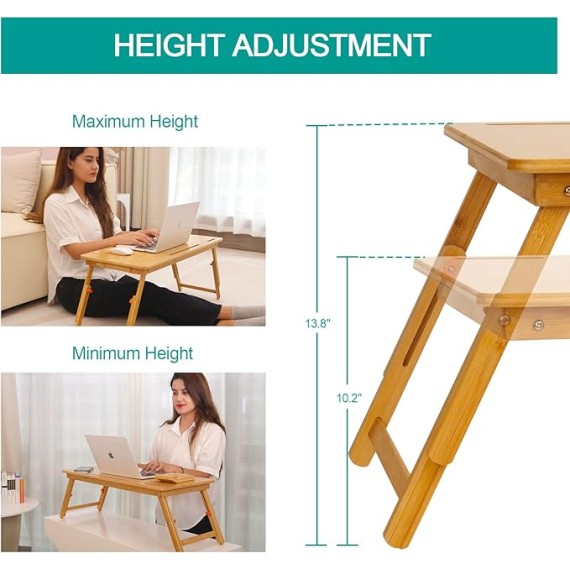 Laptop Desk for Bed,  Bamboo Lap Desk with Tablet Slot Adjustable Height Angle Foldable Storage Drawer Portable Tray Table Stand for Netebook Computer Breakfast Work Study Reading Writing Large