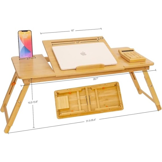 Laptop Desk for Bed,  Bamboo Lap Desk with Tablet Slot Adjustable Height Angle Foldable Storage Drawer Portable Tray Table Stand for Netebook Computer Breakfast Work Study Reading Writing Large