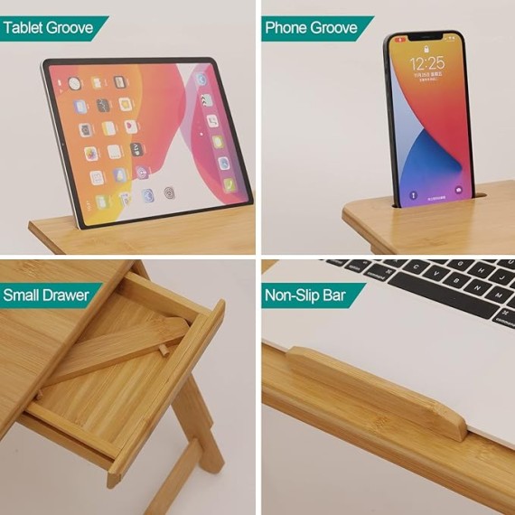 Laptop Desk for Bed,  Bamboo Lap Desk with Tablet Slot Adjustable Height Angle Foldable Storage Drawer Portable Tray Table Stand for Netebook Computer Breakfast Work Study Reading Writing Large