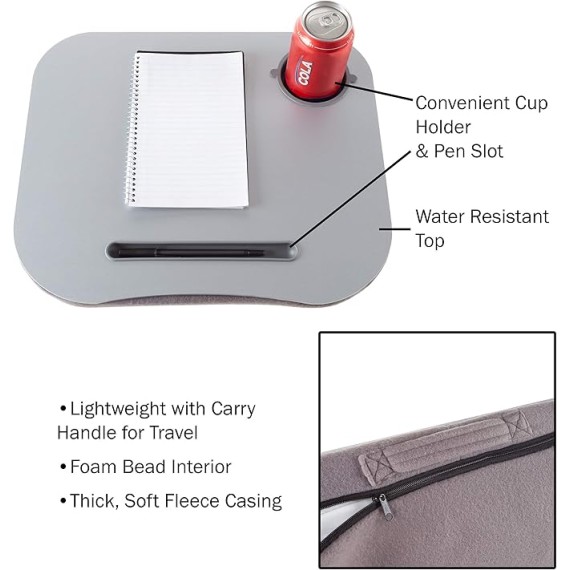 Laptop Buddy Portable Lap Desk- Cushioned Bottom with Foam Beads, Pen Tray and Cup Holder- Tray for Computers, Writing, Reading & Food by 