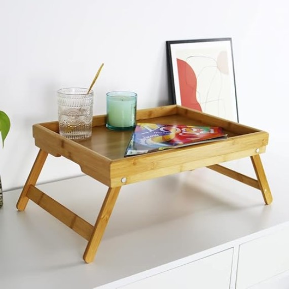 Bamboo TV Bed Tray Table with Folding Legs Serving Trays Drawing Table Portable Laptop Desk Snack Table Breakfast Trays (Natural)
