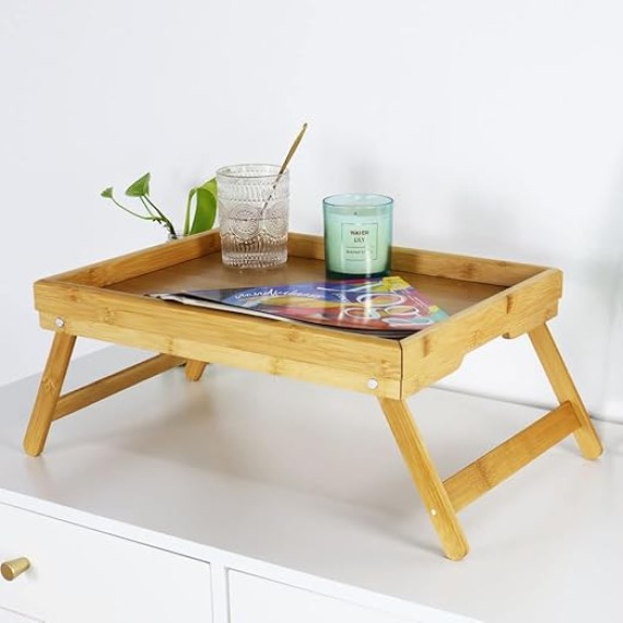 Bamboo TV Bed Tray Table with Folding Legs Serving Trays Drawing Table Portable Laptop Desk Snack Table Breakfast Trays (Natural)