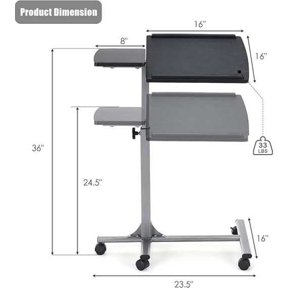 Laptop Desk Ergonomic Rolling Computer Desk Adjustable Height with Stand Holder and Wheels Cart Table Portable Office Workstation