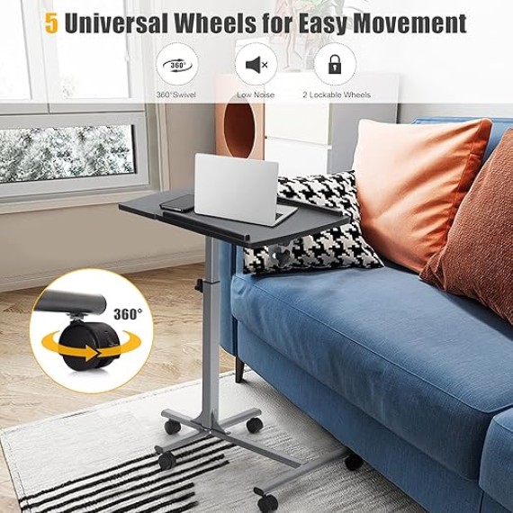 Laptop Desk Ergonomic Rolling Computer Desk Adjustable Height with Stand Holder and Wheels Cart Table Portable Office Workstation