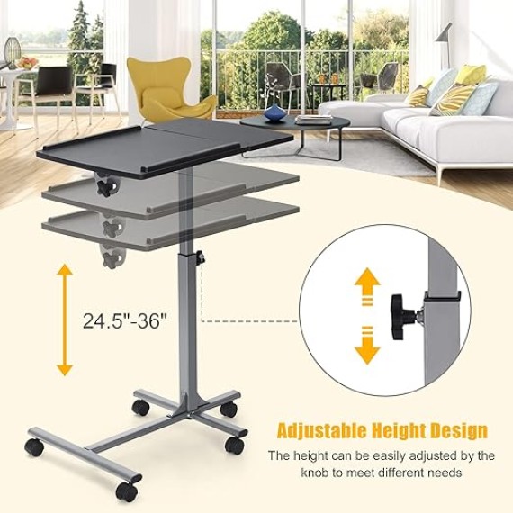 Laptop Desk Ergonomic Rolling Computer Desk Adjustable Height with Stand Holder and Wheels Cart Table Portable Office Workstation