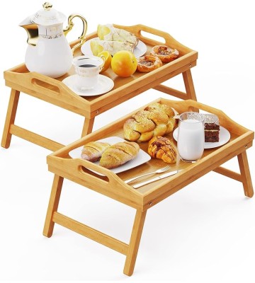2 Pack Breakfast in Bed Tray for Eating, 16.92 x 12.6 Inch Bed Table Tray with Folding Legs & Handles, Bamboo Food Lap Trays Fits for Adult Kids Eating/TV/Surgery Recovery by . Set of 2