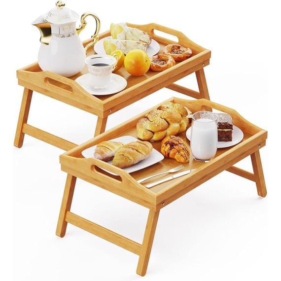 2 Pack Breakfast in Bed Tray for Eating, 16.92 x 12.6 Inch Bed Table Tray with Folding Legs & Handles, Bamboo Food Lap Trays Fits for Adult Kids Eating/TV/Surgery Recovery by . Set of 2