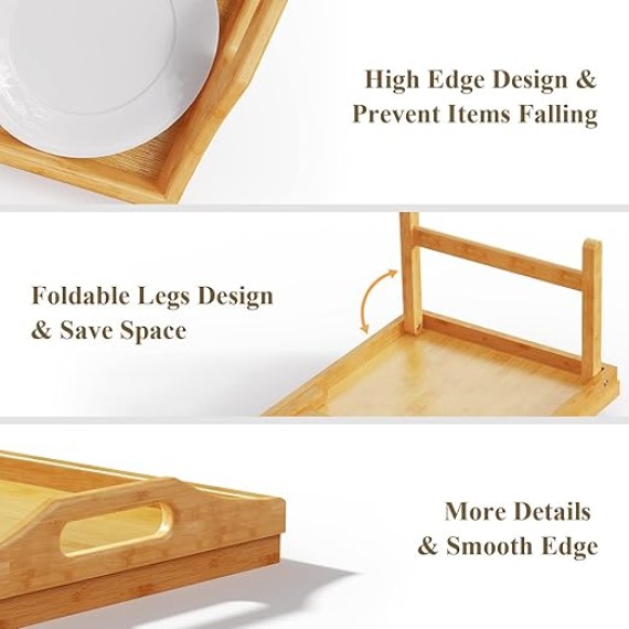 2 Pack Breakfast in Bed Tray for Eating, 16.92 x 12.6 Inch Bed Table Tray with Folding Legs & Handles, Bamboo Food Lap Trays Fits for Adult Kids Eating/TV/Surgery Recovery by . Set of 2