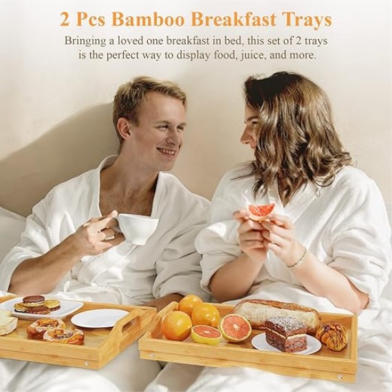 2 Pack Breakfast in Bed Tray for Eating, 16.92 x 12.6 Inch Bed Table Tray with Folding Legs & Handles, Bamboo Food Lap Trays Fits for Adult Kids Eating/TV/Surgery Recovery by . Set of 2