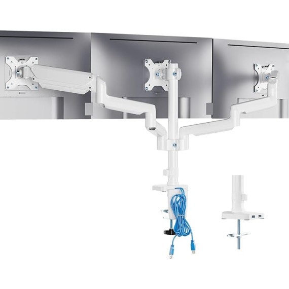 White Triple Monitor Mount, 3 Monitor Desk Mount for Multi Screens from 13 to 27inch with Gas Spring Arm, Fully Adjustment Arm with Tilt, Swivel, Rotate VESA Mount 75x75,100x100mm(GSDM003W-U)