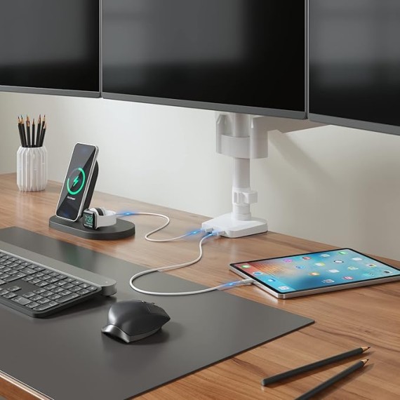 White Triple Monitor Mount, 3 Monitor Desk Mount for Multi Screens from 13 to 27inch with Gas Spring Arm, Fully Adjustment Arm with Tilt, Swivel, Rotate VESA Mount 75x75,100x100mm(GSDM003W-U)