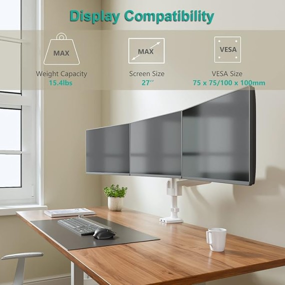 White Triple Monitor Mount, 3 Monitor Desk Mount for Multi Screens from 13 to 27inch with Gas Spring Arm, Fully Adjustment Arm with Tilt, Swivel, Rotate VESA Mount 75x75,100x100mm(GSDM003W-U)