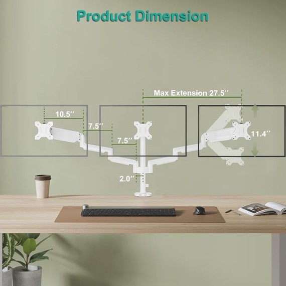 White Triple Monitor Mount, 3 Monitor Desk Mount for Multi Screens from 13 to 27inch with Gas Spring Arm, Fully Adjustment Arm with Tilt, Swivel, Rotate VESA Mount 75x75,100x100mm(GSDM003W-U)