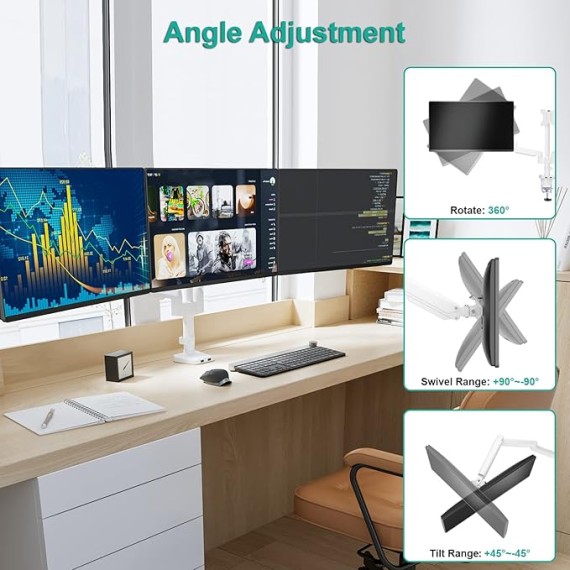 White Triple Monitor Mount, 3 Monitor Desk Mount for Multi Screens from 13 to 27inch with Gas Spring Arm, Fully Adjustment Arm with Tilt, Swivel, Rotate VESA Mount 75x75,100x100mm(GSDM003W-U)