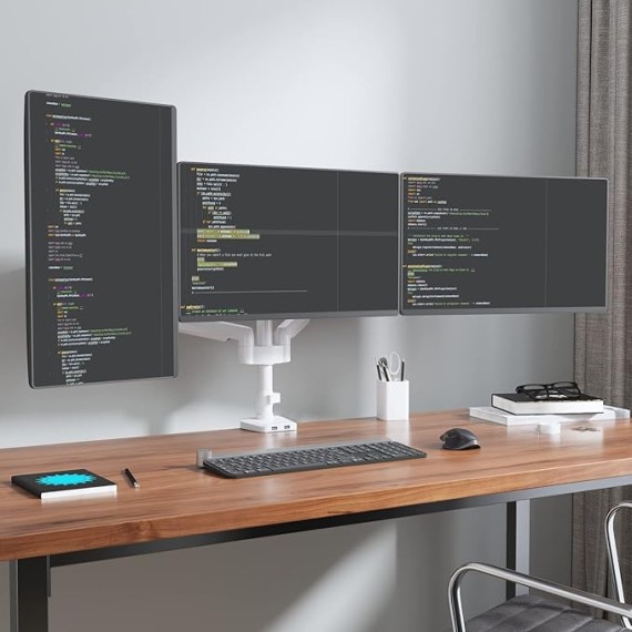 White Triple Monitor Mount, 3 Monitor Desk Mount for Multi Screens from 13 to 27inch with Gas Spring Arm, Fully Adjustment Arm with Tilt, Swivel, Rotate VESA Mount 75x75,100x100mm(GSDM003W-U)