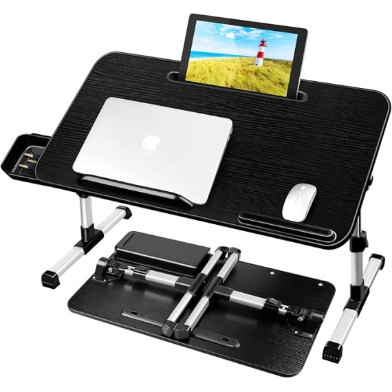 Laptop Desk for Bed, Adjustable Height and Angle, Laptop Lap Desk with Tablet Stand and Drawer, Bed Table Fits Laptop up to 17.3", Laptop Stand for Bed, Couch, Floor (23.6" x 13.4", Black)