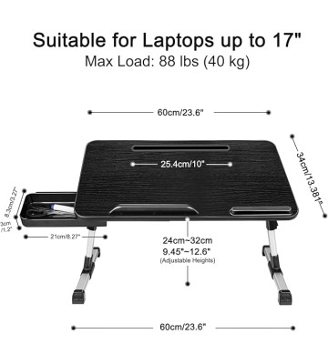 Laptop Desk for Bed, Adjustable Height and Angle, Laptop Lap Desk with Tablet Stand and Drawer, Bed Table Fits Laptop up to 17.3", Laptop Stand for Bed, Couch, Floor (23.6" x 13.4", Black)