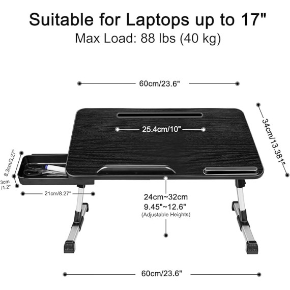 Laptop Desk for Bed, Adjustable Height and Angle, Laptop Lap Desk with Tablet Stand and Drawer, Bed Table Fits Laptop up to 17.3", Laptop Stand for Bed, Couch, Floor (23.6" x 13.4", Black)