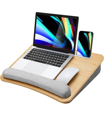 Lap Laptop Desk - Portable Lap Desk with Pillow Cushion, Fits up to 15.6 inch Laptop, with Anti-Slip Strip & Storage Function for Home Office Students Use as Computer Laptop Stand - Light Wood