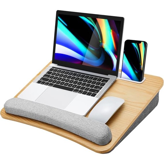 Lap Laptop Desk - Portable Lap Desk with Pillow Cushion, Fits up to 15.6 inch Laptop, with Anti-Slip Strip & Storage Function for Home Office Students Use as Computer Laptop Stand - Light Wood