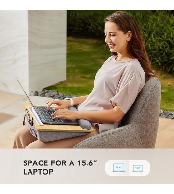 Lap Laptop Desk - Portable Lap Desk with Pillow Cushion, Fits up to 15.6 inch Laptop, with Anti-Slip Strip & Storage Function for Home Office Students Use as Computer Laptop Stand - Light Wood