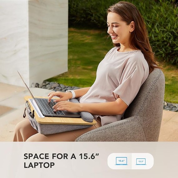 Lap Laptop Desk - Portable Lap Desk with Pillow Cushion, Fits up to 15.6 inch Laptop, with Anti-Slip Strip & Storage Function for Home Office Students Use as Computer Laptop Stand - Light Wood