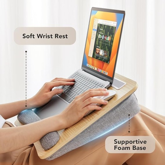 Lap Laptop Desk - Portable Lap Desk with Pillow Cushion, Fits up to 15.6 inch Laptop, with Anti-Slip Strip & Storage Function for Home Office Students Use as Computer Laptop Stand - Light Wood