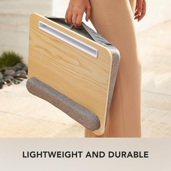 Lap Laptop Desk - Portable Lap Desk with Pillow Cushion, Fits up to 15.6 inch Laptop, with Anti-Slip Strip & Storage Function for Home Office Students Use as Computer Laptop Stand - Light Wood