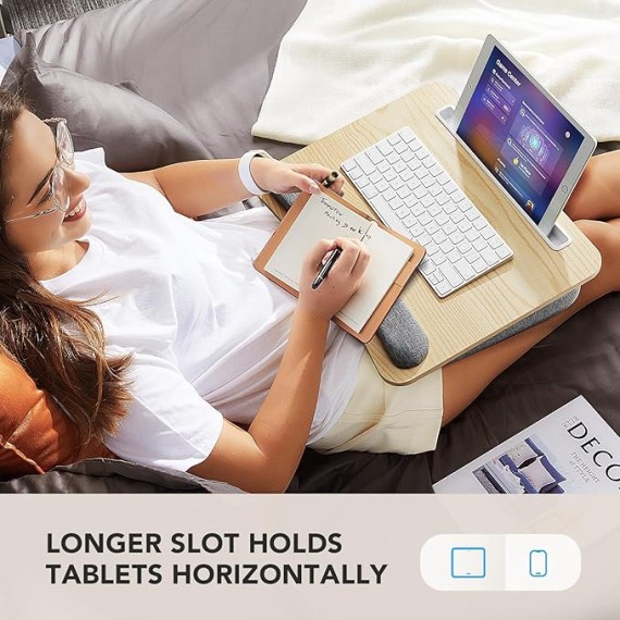 Lap Laptop Desk - Portable Lap Desk with Pillow Cushion, Fits up to 15.6 inch Laptop, with Anti-Slip Strip & Storage Function for Home Office Students Use as Computer Laptop Stand - Light Wood