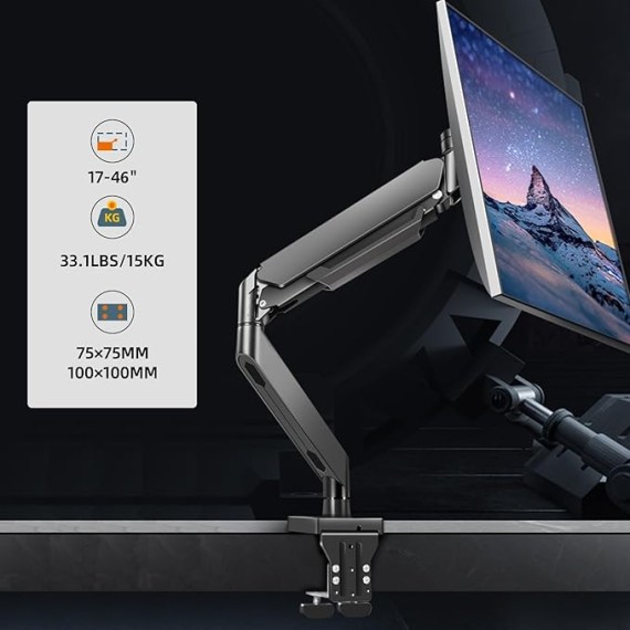 43 Ultrawide Monitor Arm Single Heavy Duty Desk Mount Computer Monitor Stand for 17 to 46 inch Adjustable Gas Spring Monitor, Screen up to 30lbs with VESA 75x75mm or 100x100mm M7B