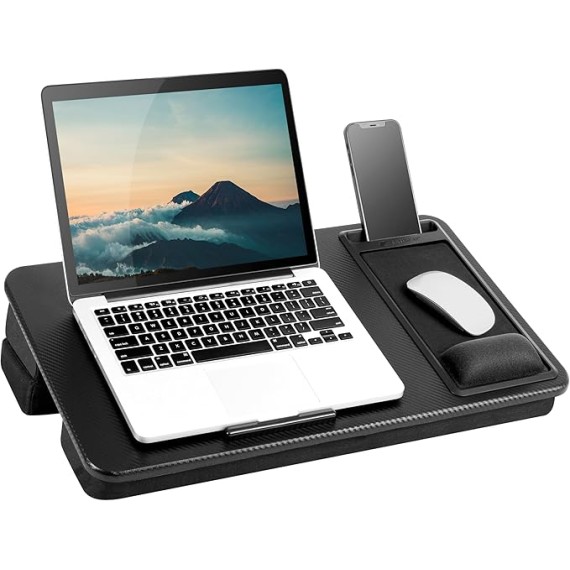LAPGEAR Extra Large Adjustable Lap Desk with Gel Wrist Rest, Mouse Pad, Phone Holder, Device Ledge, and Booster Cushion - Black Carbon - Fits up to 17.3 Inch Laptops - Style No. 88108