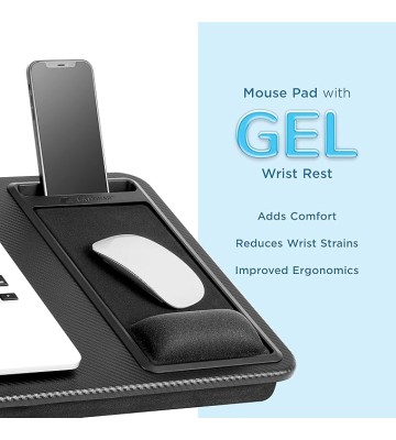 LAPGEAR Extra Large Adjustable Lap Desk with Gel Wrist Rest, Mouse Pad, Phone Holder, Device Ledge, and Booster Cushion - Black Carbon - Fits up to 17.3 Inch Laptops - Style No. 88108