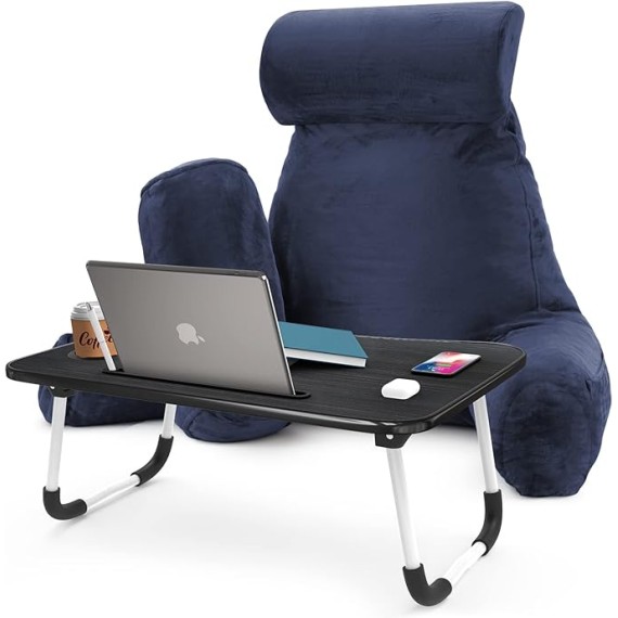 Reading Pillow with Portable Laptop Lap Desk, Velvet Feel Back Pillow for Sitting in Bed, Shredded Memory Foam Back Support Pillow for Bed, Bed Rest Pillow with Arms, Large - Navy