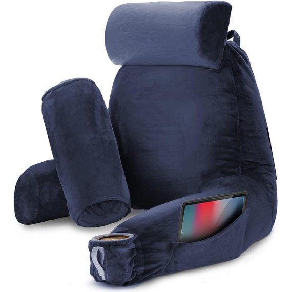 Reading Pillow with Portable Laptop Lap Desk, Velvet Feel Back Pillow for Sitting in Bed, Shredded Memory Foam Back Support Pillow for Bed, Bed Rest Pillow with Arms, Large - Navy