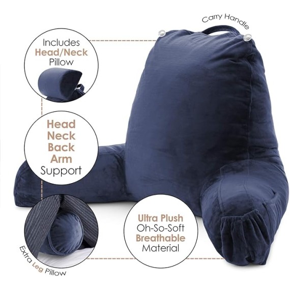 Reading Pillow with Portable Laptop Lap Desk, Velvet Feel Back Pillow for Sitting in Bed, Shredded Memory Foam Back Support Pillow for Bed, Bed Rest Pillow with Arms, Large - Navy