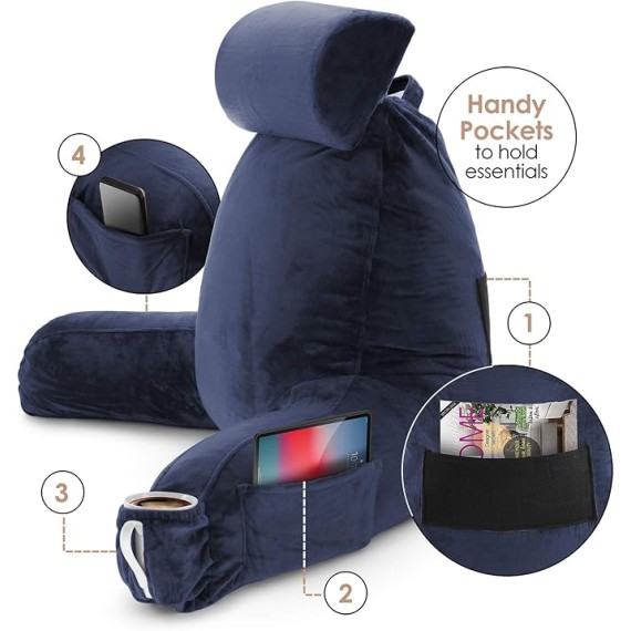 Reading Pillow with Portable Laptop Lap Desk, Velvet Feel Back Pillow for Sitting in Bed, Shredded Memory Foam Back Support Pillow for Bed, Bed Rest Pillow with Arms, Large - Navy