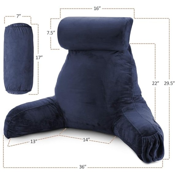 Reading Pillow with Portable Laptop Lap Desk, Velvet Feel Back Pillow for Sitting in Bed, Shredded Memory Foam Back Support Pillow for Bed, Bed Rest Pillow with Arms, Large - Navy