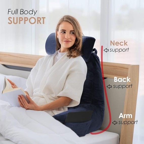 Reading Pillow with Portable Laptop Lap Desk, Velvet Feel Back Pillow for Sitting in Bed, Shredded Memory Foam Back Support Pillow for Bed, Bed Rest Pillow with Arms, Large - Navy