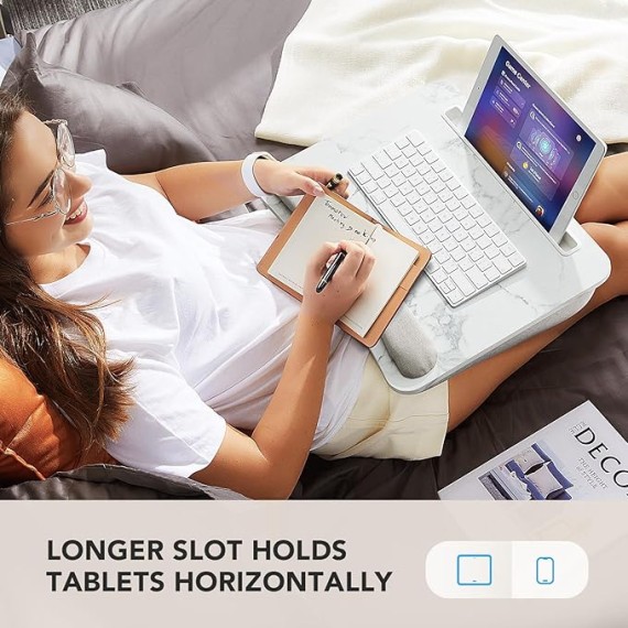 Lap Laptop Desk - Portable Lap Desk with Pillow Cushion, Fits up to 15.6 inch Laptop, with Anti-Slip Strip & Storage Function for Home Office Students Use as Computer Laptop Stand - Marble