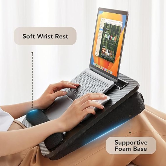 Lap Laptop Desk - Portable Lap Desk with Cushion, Fits up to 15.6 inch Laptop, with Anti-Slip Strip & Storage Function for Home Office Students Use as Computer Laptop Stand - Black, HNLD12B