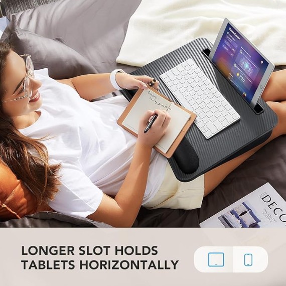 Lap Laptop Desk - Portable Lap Desk with Cushion, Fits up to 15.6 inch Laptop, with Anti-Slip Strip & Storage Function for Home Office Students Use as Computer Laptop Stand - Black, HNLD12B