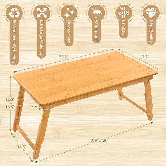 Adjustable Large Size Laptop Desk,Bamboo Lap Table Bed Tray,Foldable 4 Legs Serving Tray Working, Eating and Gaming for Bed,Couch,Floor， 33.5x17.7in