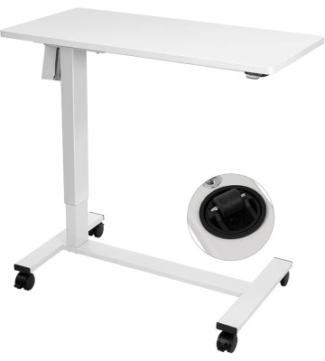 Electric Height Adjustable Overbed Bedside Table with Wheels for Home Office Use (White + White Frame)