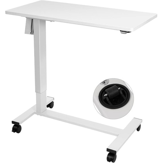 Electric Height Adjustable Overbed Bedside Table with Wheels for Home Office Use (White + White Frame)