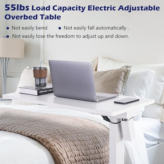 Electric Height Adjustable Overbed Bedside Table with Wheels for Home Office Use (White + White Frame)