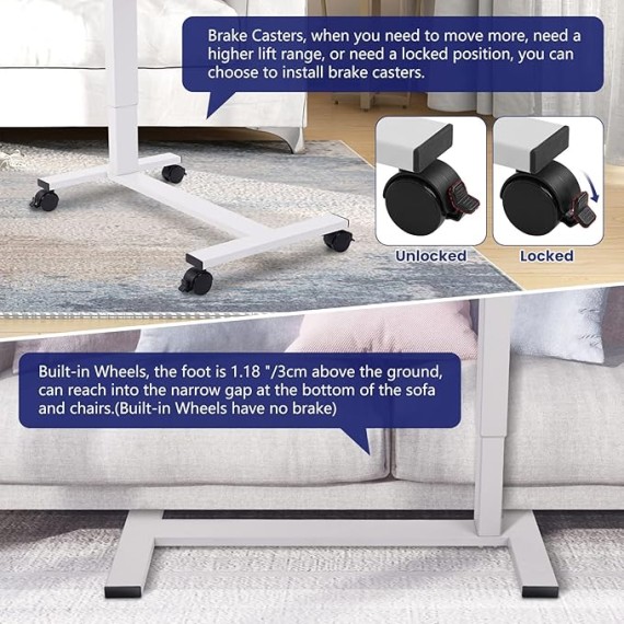 Electric Height Adjustable Overbed Bedside Table with Wheels for Home Office Use (White + White Frame)