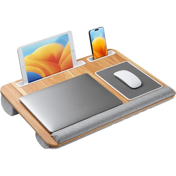 Lap Desk, Home Office Laptop Desk Fits up to 17 inches Laptop with Mouse Pad, Wrist Pad, Tablet, Pen & Phone Holder, Laptop Stand for Reading, Writing and Working, Wood Grain (TZLD3)